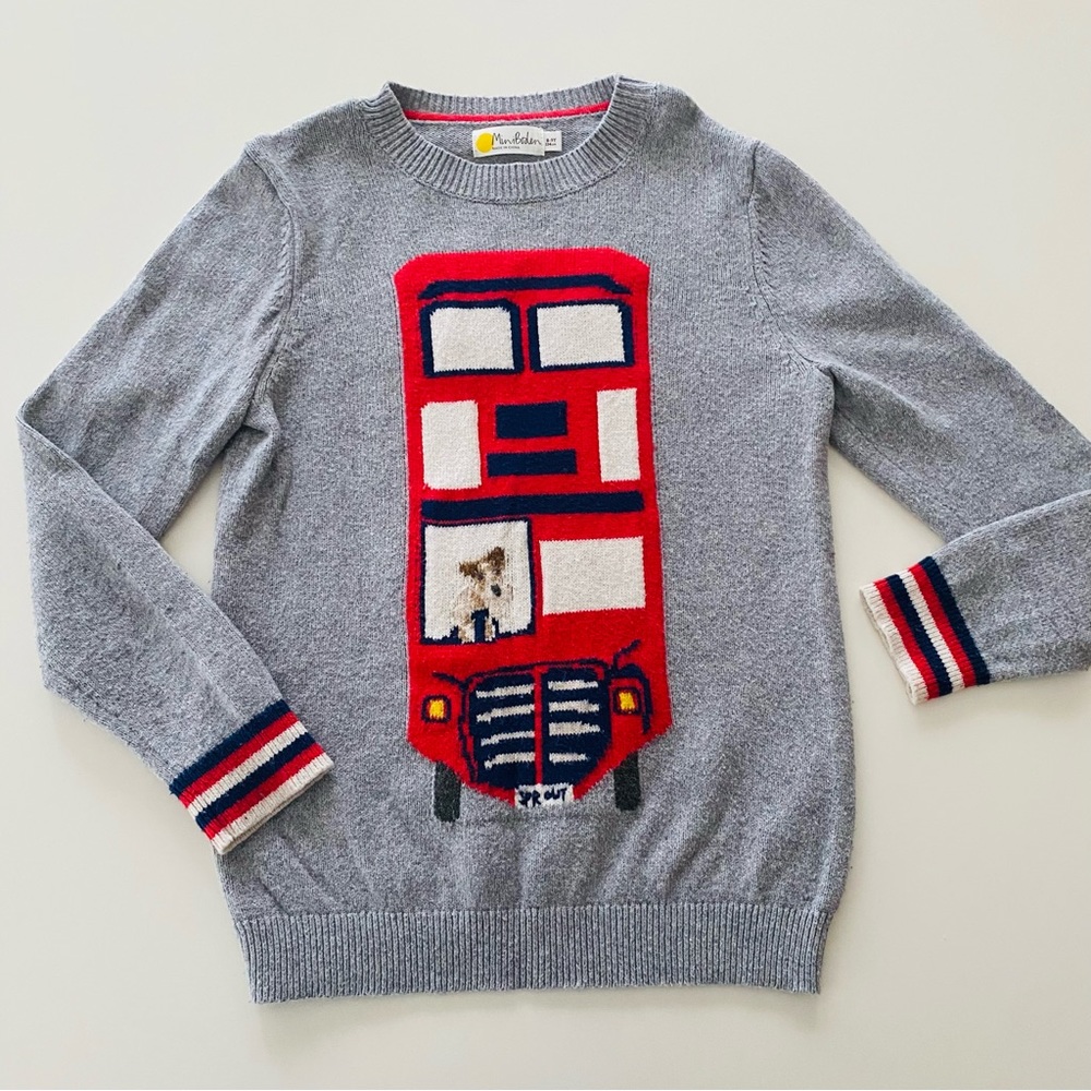 Mini Boden London Double Decker Bus Dog Graphic Crew Sweater 8-9